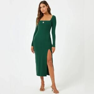 L*SPACE Windsor Midi Dress Emerald Green Ribbed Square Neck Side Slit Large